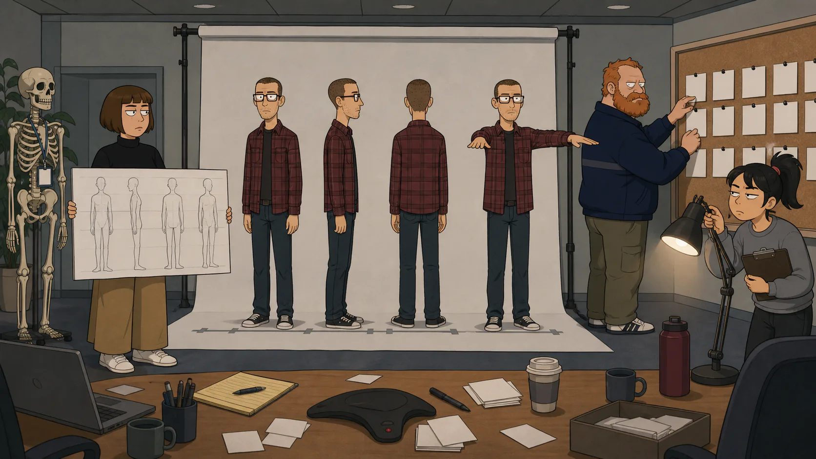 Leah, Owen, Marty, and Kim create reusable character references in an original 2D office comedy