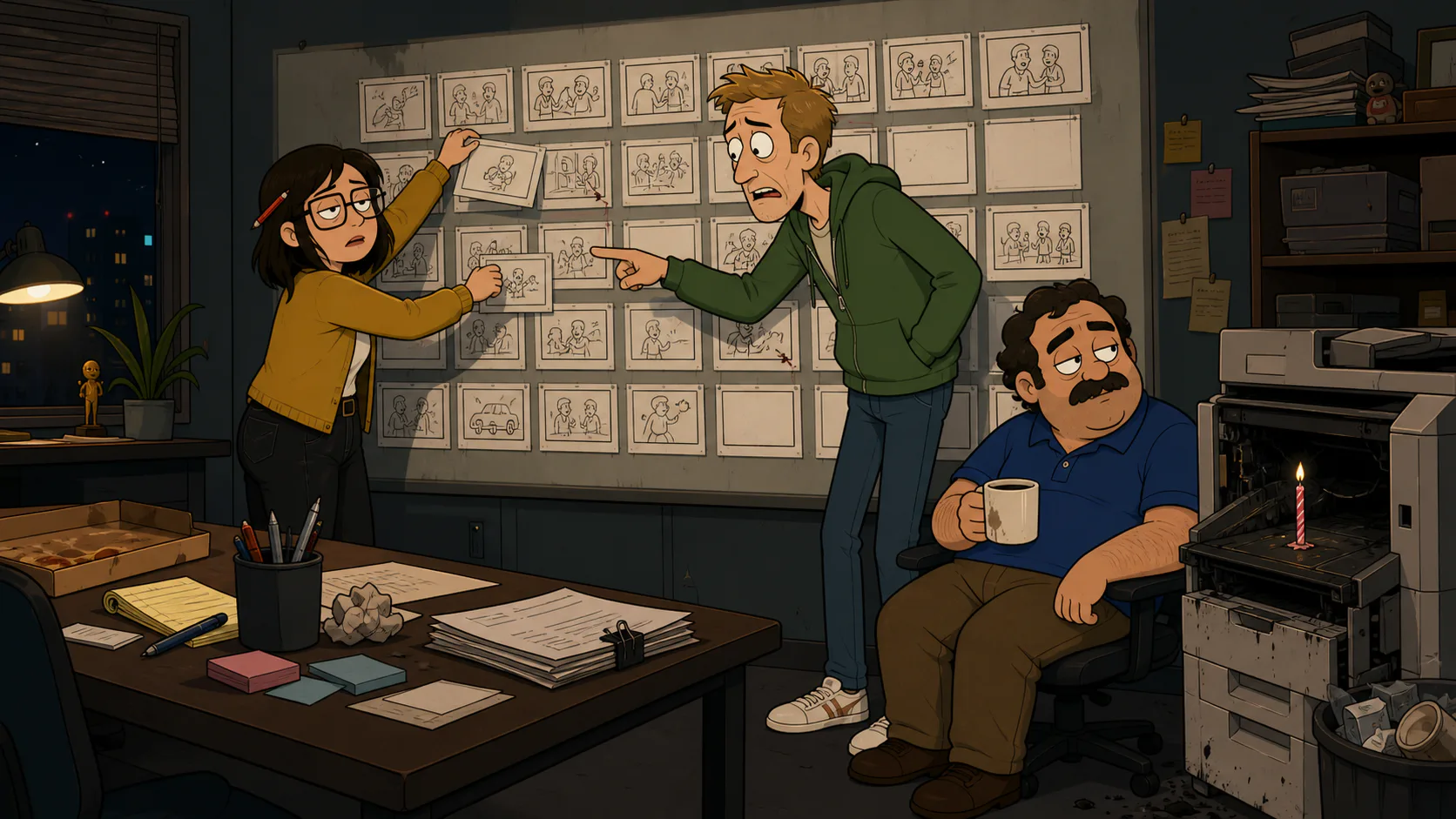 Tess, Neal, and Cal revise an original animated comedy Story in an after-hours writers room