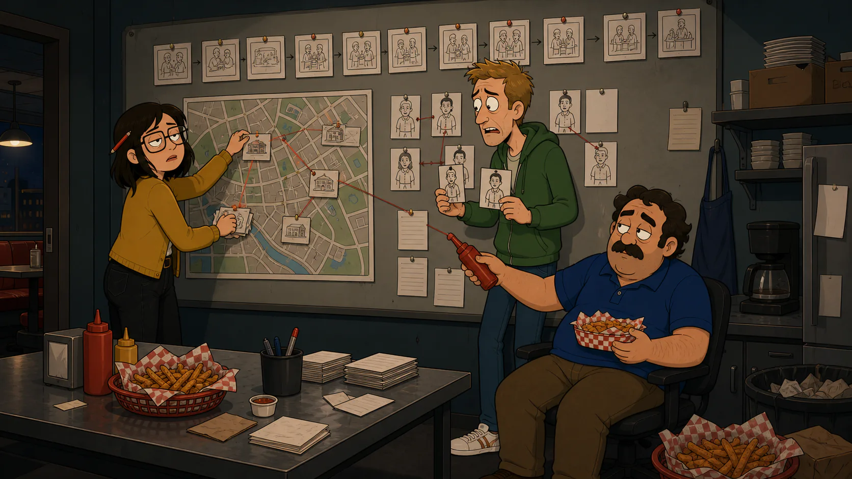 Tess, Neal, and Cal connect Cast, locations, relationships, and Scenes in an original 2D diner comedy World
