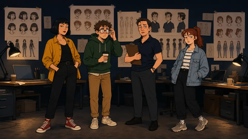 Four grounded 2D workplace comedy characters with expression and profile references
