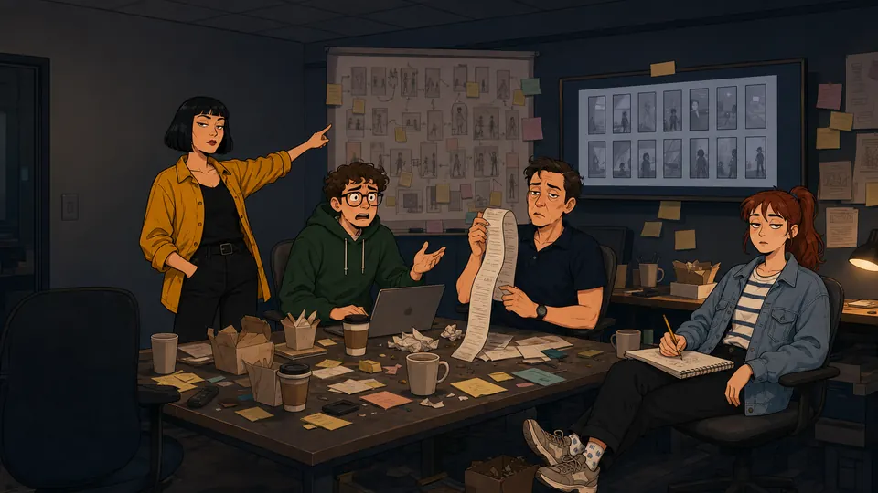 The same four 2D characters direct a satirical vertical Story in an ordinary meeting room