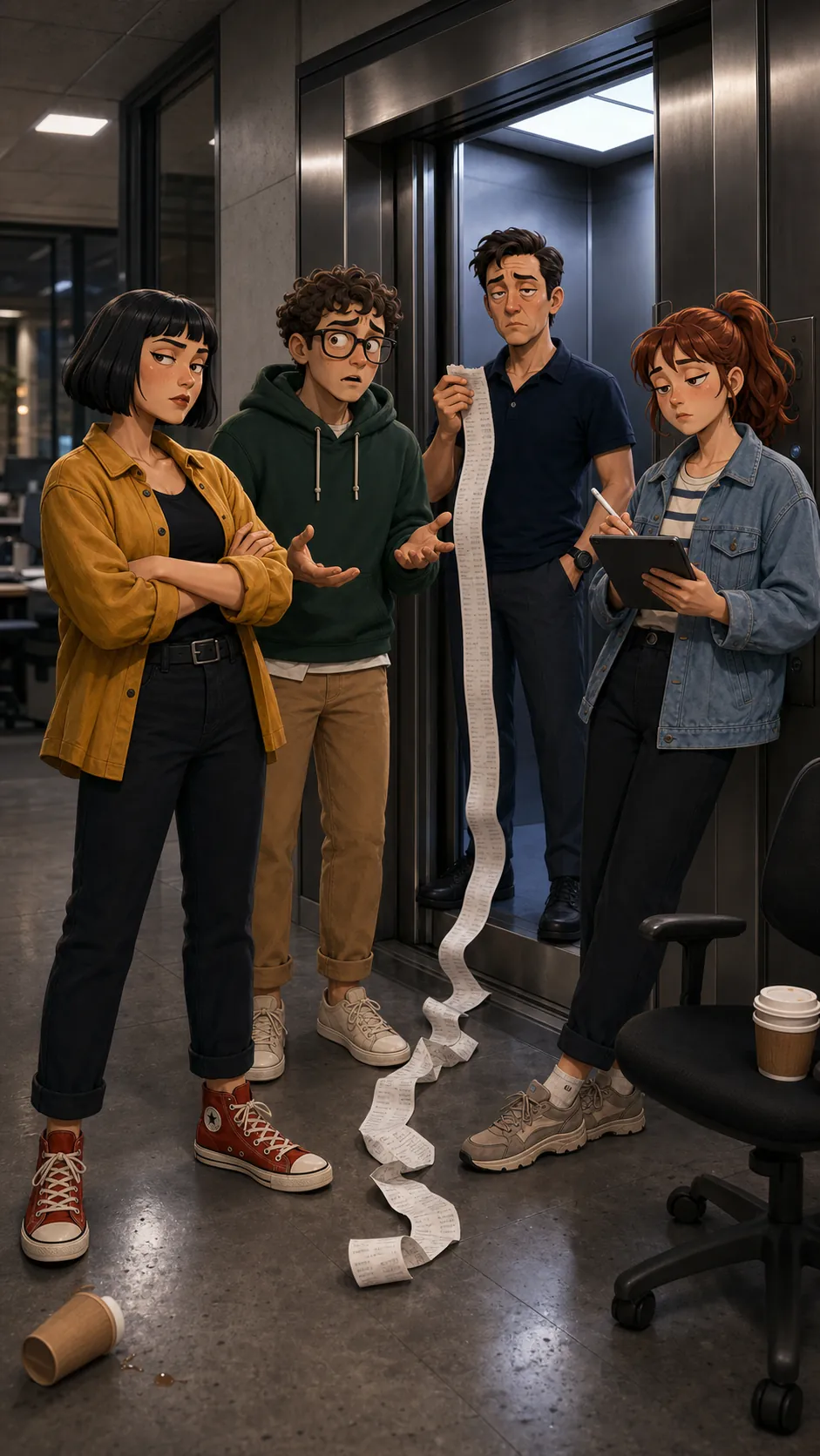 Rina, Theo, Morgan, and Jo hold a tense comic Turn in a stylized 3D vertical-drama elevator Scene