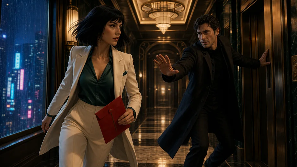 The same adult stylized Cast moves through the hotel as elevator doors begin to close