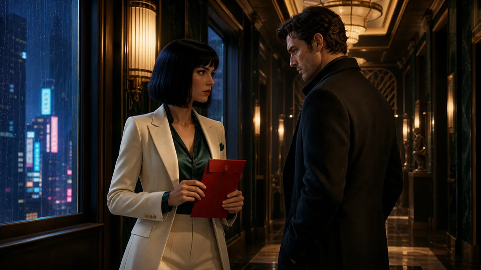 Two adult stylized characters confront each other over a red evidence envelope in a rain-lit art-deco hotel