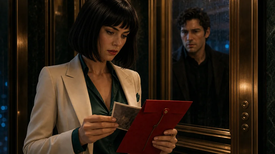 The same woman opens the red envelope inside an elevator while the man watches in the mirror