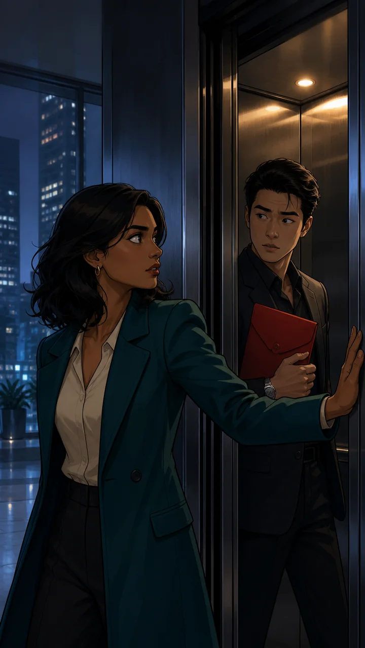 The same Maya, Adrian, elevator, and red envelope in a graphic 2D World Look