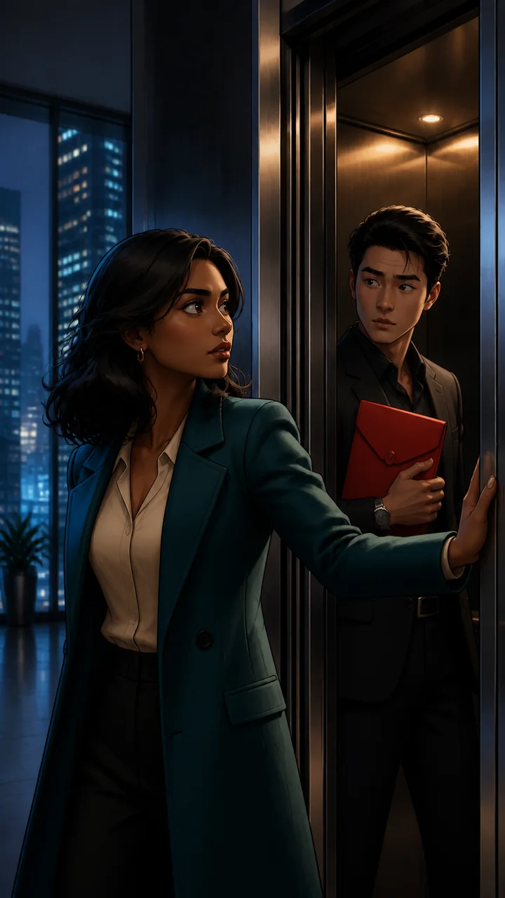 Maya stops an elevator while Adrian holds a red evidence envelope