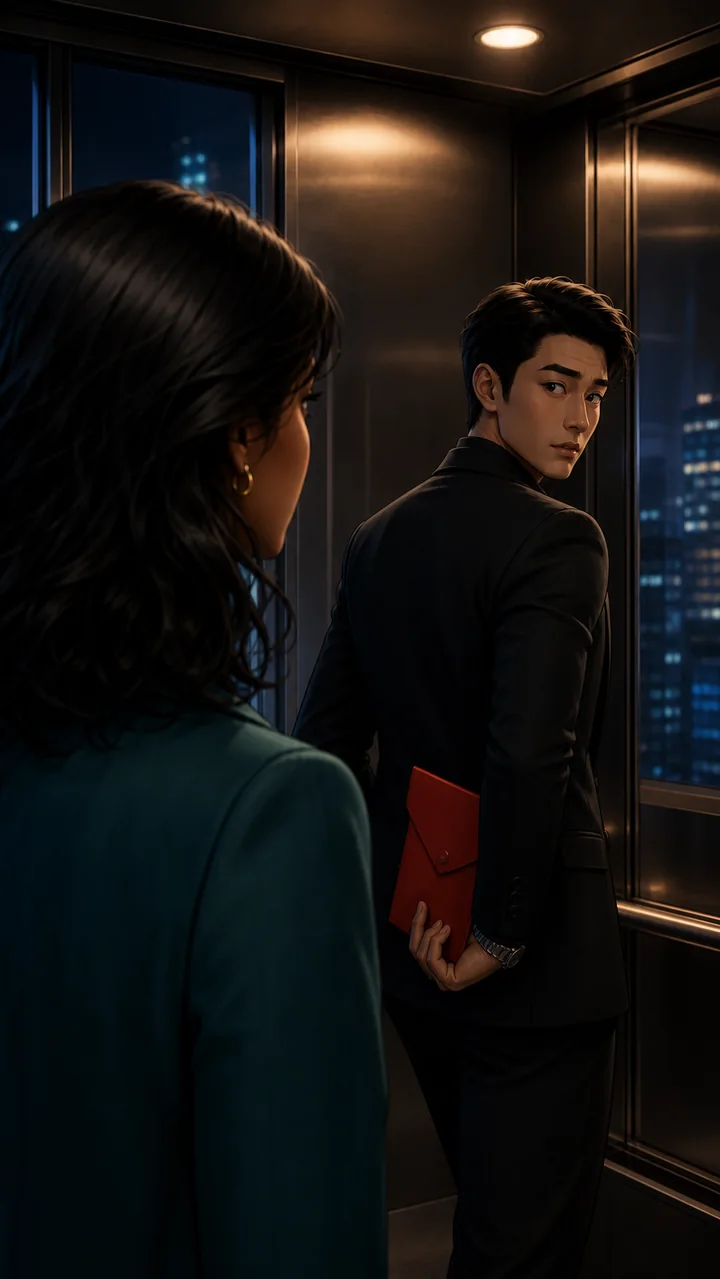 Adrian hides a red evidence envelope while Maya watches him inside an elevator