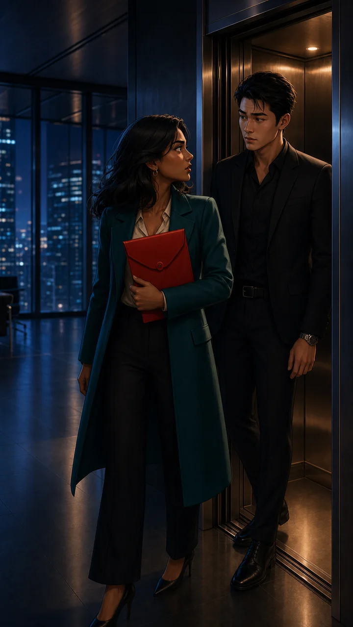 Maya confronts Adrian outside the elevator while holding the red envelope