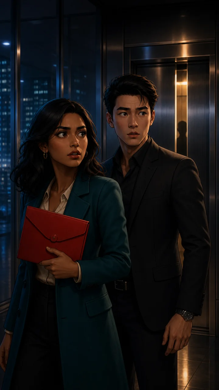 Maya and Adrian remain centered in a 9:16 frame as a silhouette appears behind elevator doors
