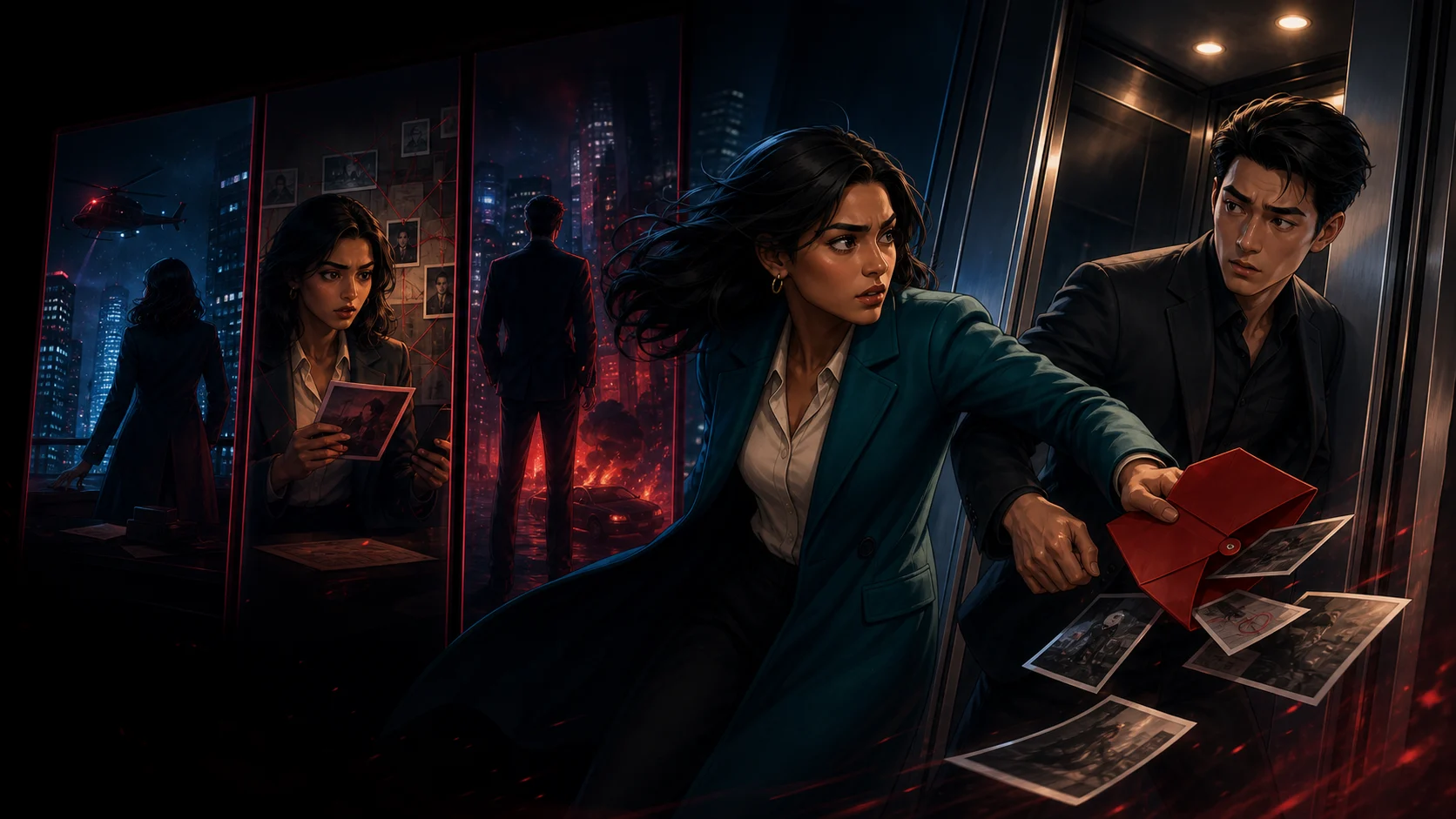 Maya pulls Adrian from an elevator as their red evidence envelope opens across three connected vertical-drama moments