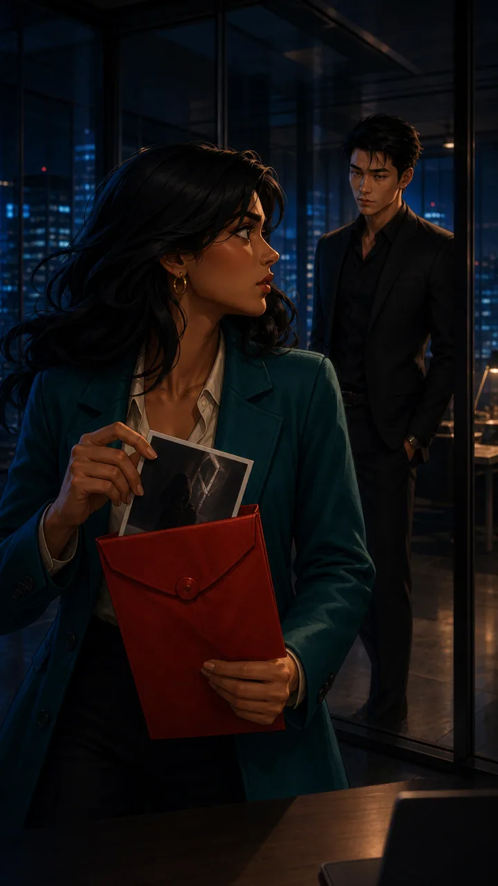 Stylized 3D scene of Maya opening a red evidence envelope as Adrian enters a glass office