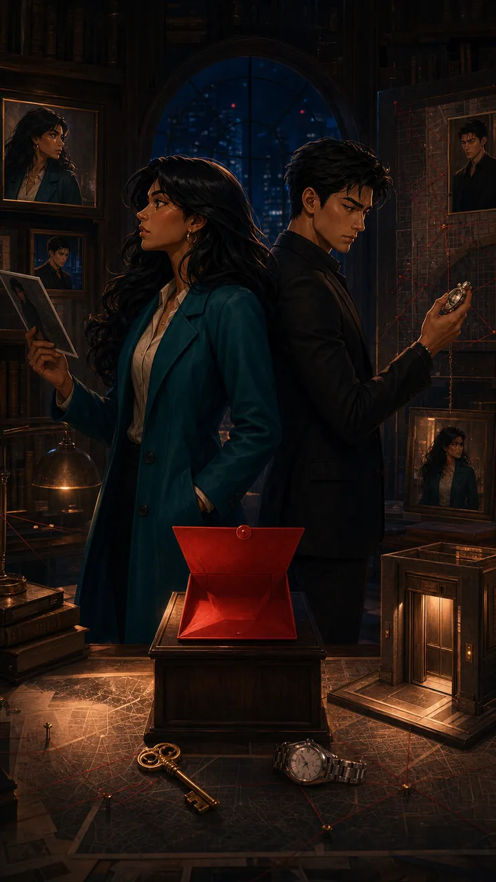 Stylized 3D archive of recurring Cast, places, props, and the red evidence envelope