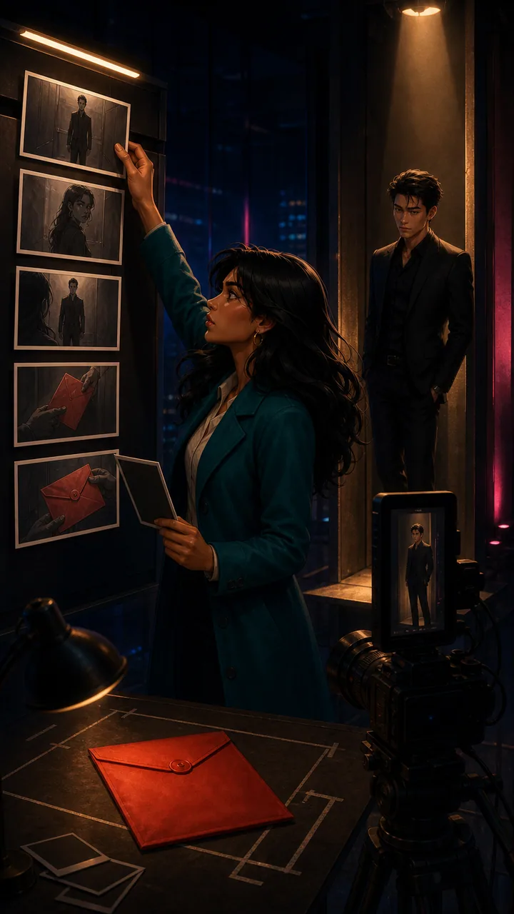 Stylized 3D production room with Maya arranging vertical shots while Adrian waits on set