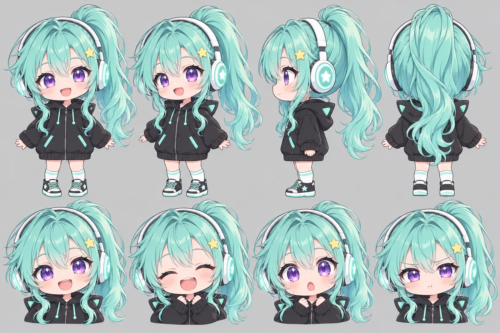 Momo Starling (chibi) character sheet: front, three-quarter and back views and four expressions, Chibi Look