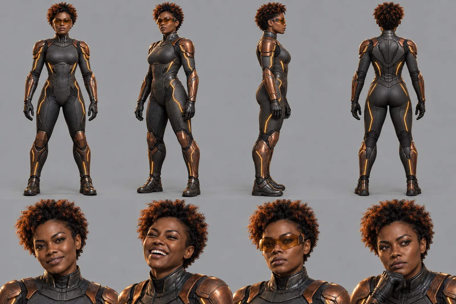 Maren Kade character sheet: front, three-quarter and back views and four expressions, Cinematic Look
