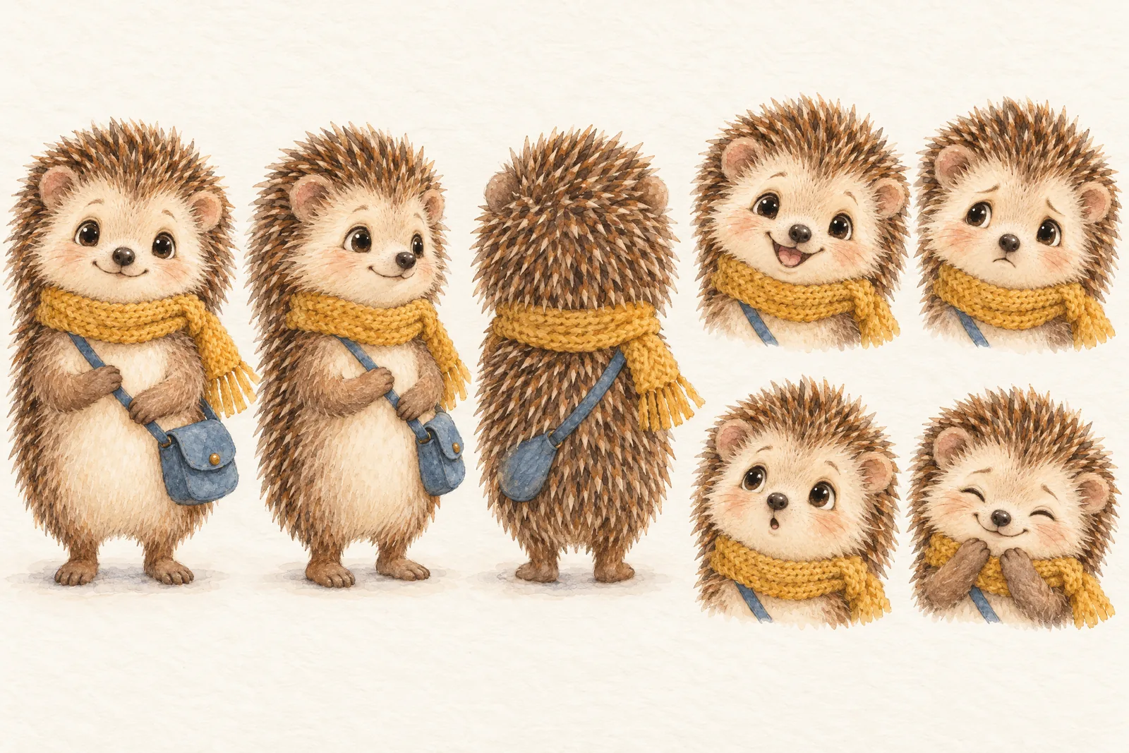 Hazel the hedgehog character sheet: front, three-quarter and back views and four expressions, Watercolour storybook Look