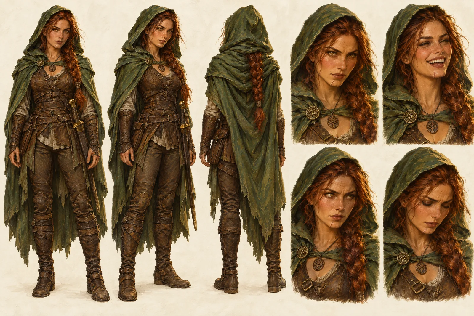 Brynn Halloway character sheet: front, three-quarter and back views and four expressions, Painterly fantasy Look