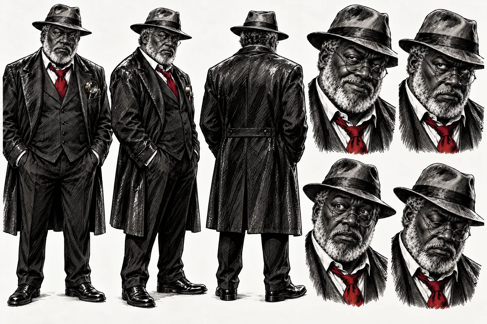 Otis Blackwood character sheet: front, three-quarter and back views and four expressions, Noir ink Look