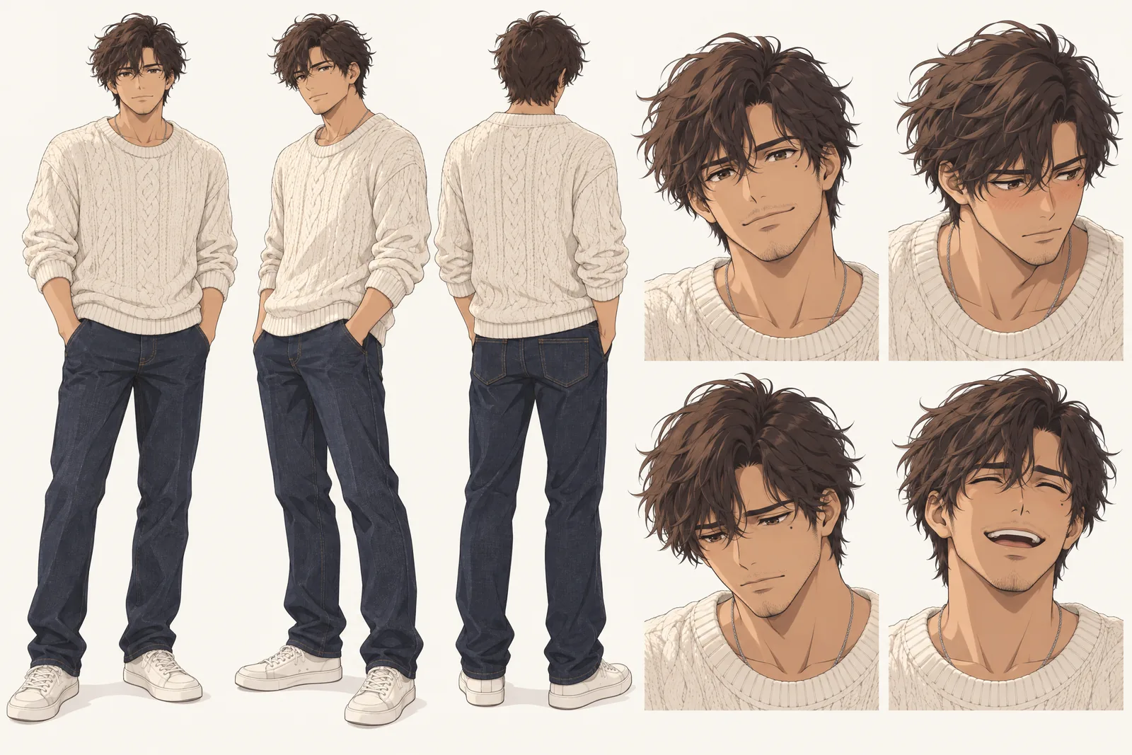 Elias Varo character sheet: front, three-quarter and back views and four expressions, Anime Look