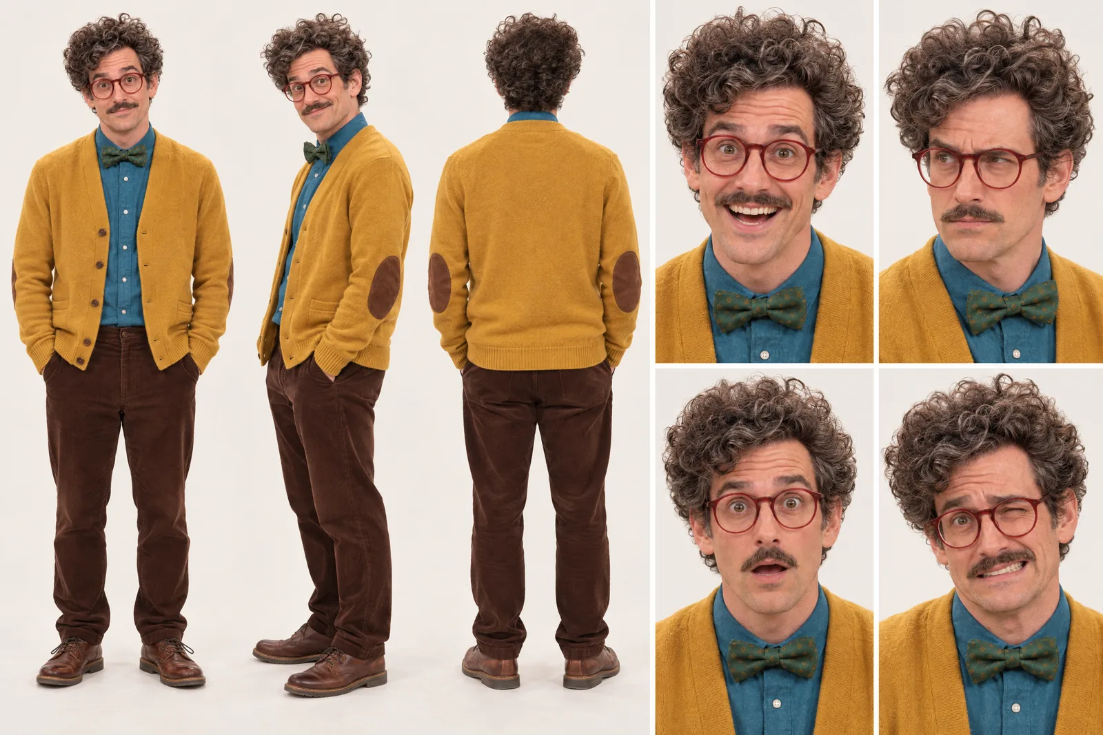 Barnaby Fitch character sheet: front, three-quarter and back views and four expressions, Live-action sitcom Look