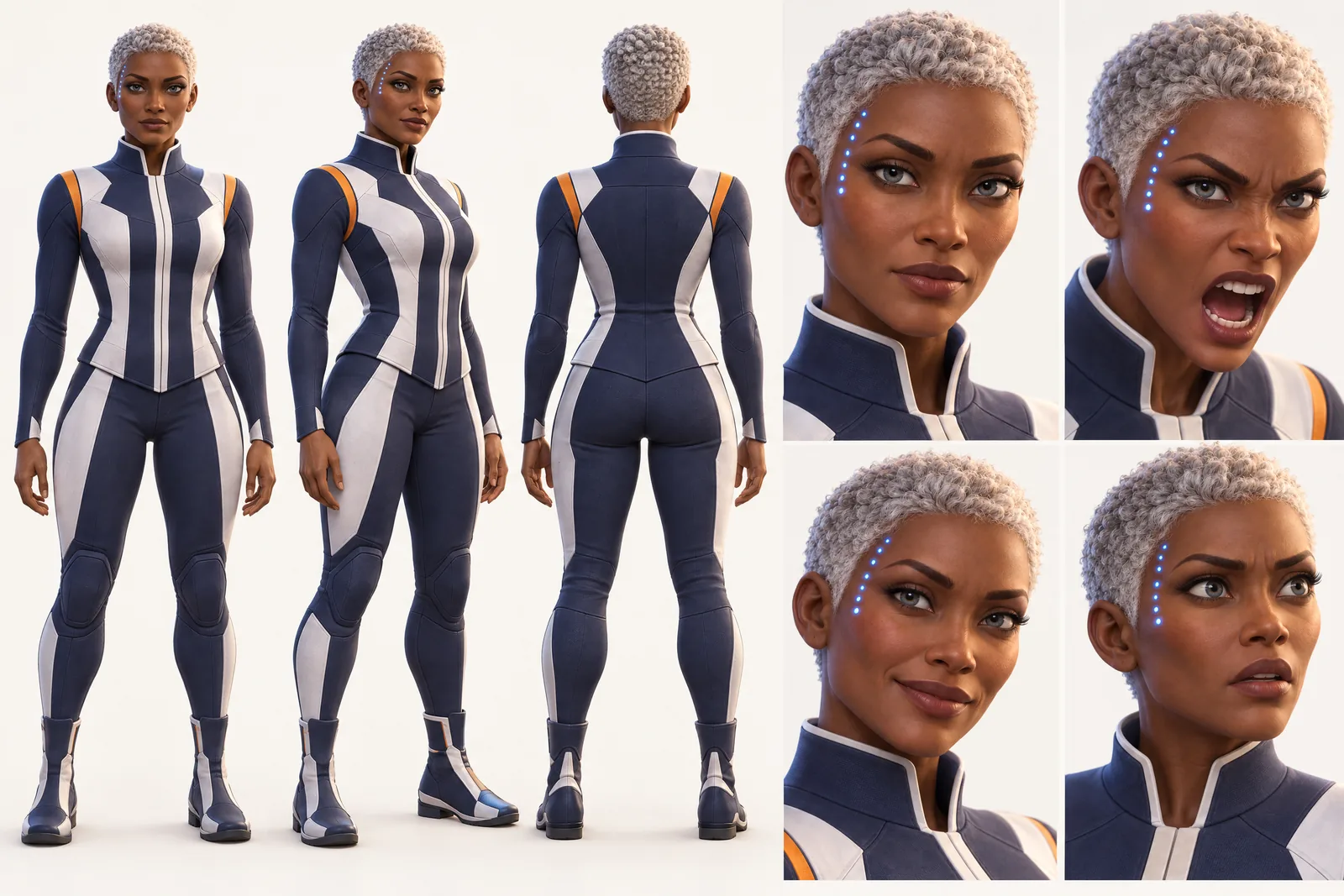 Captain Rhea Okonkwo character sheet: front, three-quarter and back views and four expressions, 3D animated Look