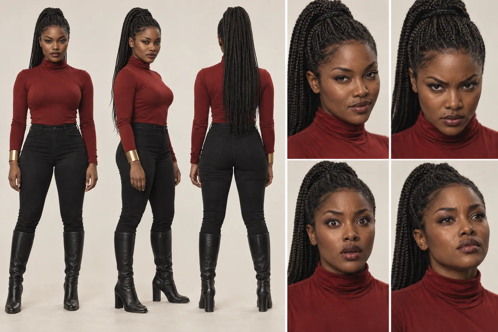 Delphine Okafor character sheet: front, three-quarter and back views and four expressions, Live action Look