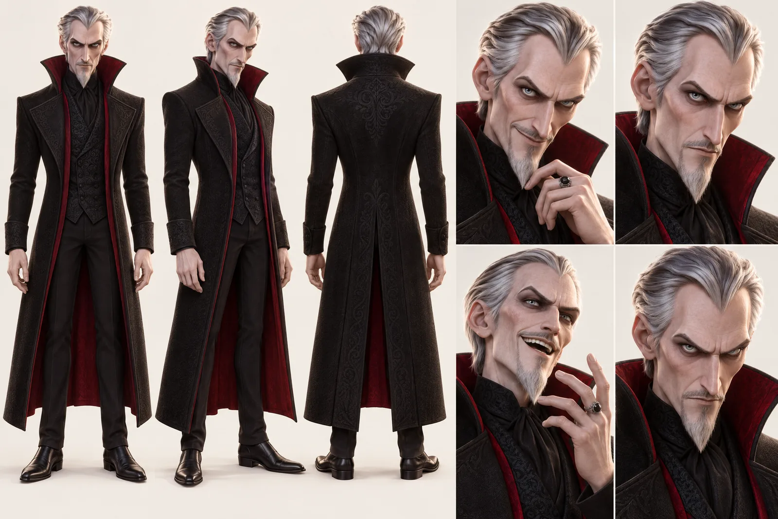 Silas Grieve character sheet: front, three-quarter and back views and four expressions, 3D animated Look