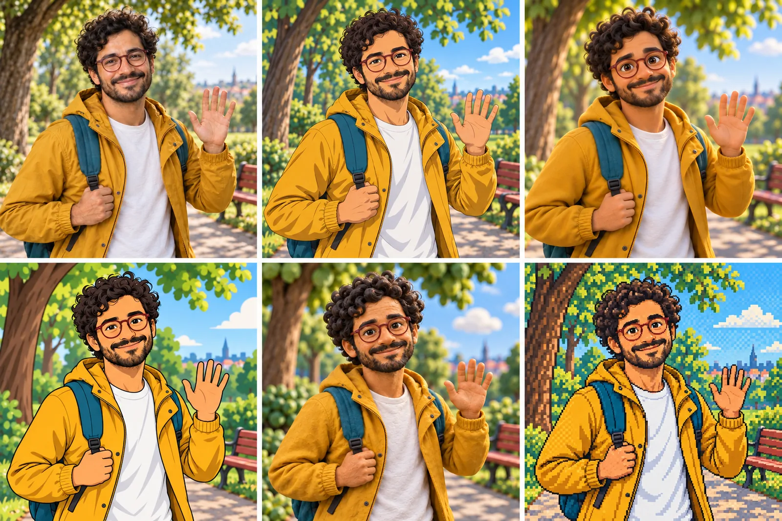 Milo Fenn in six Looks side by side: live action, anime, 3D animated, 2D cartoon, claymation and pixel art