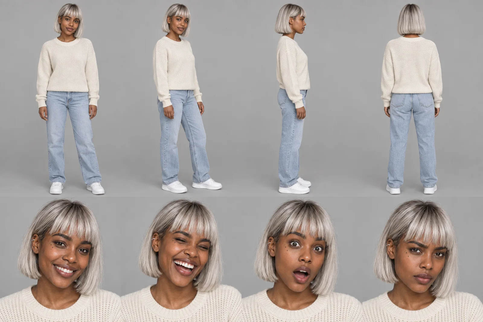 Mika Solenne character sheet: turnaround and four expressions