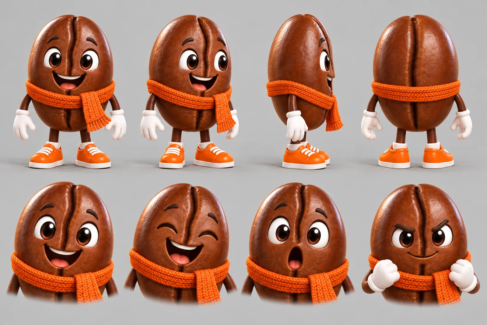 Beanie character sheet: front, three-quarter and back views and four expressions, 3D animated Look
