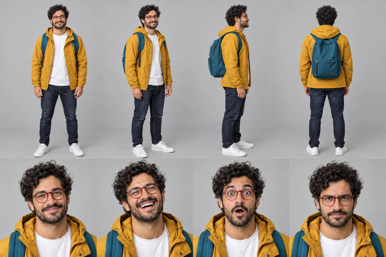 Milo Fenn character sheet: front, three-quarter and back views and four expressions, Live action Look