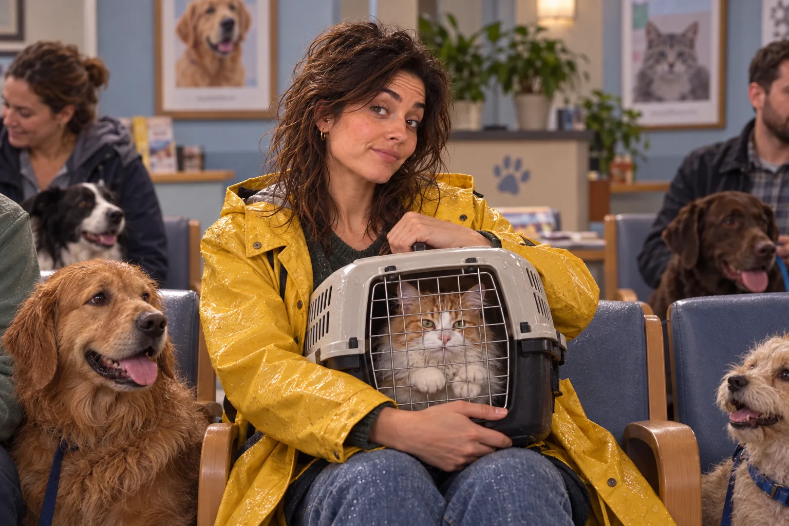 Demo-series still — the cat monologuing in the vet waiting room