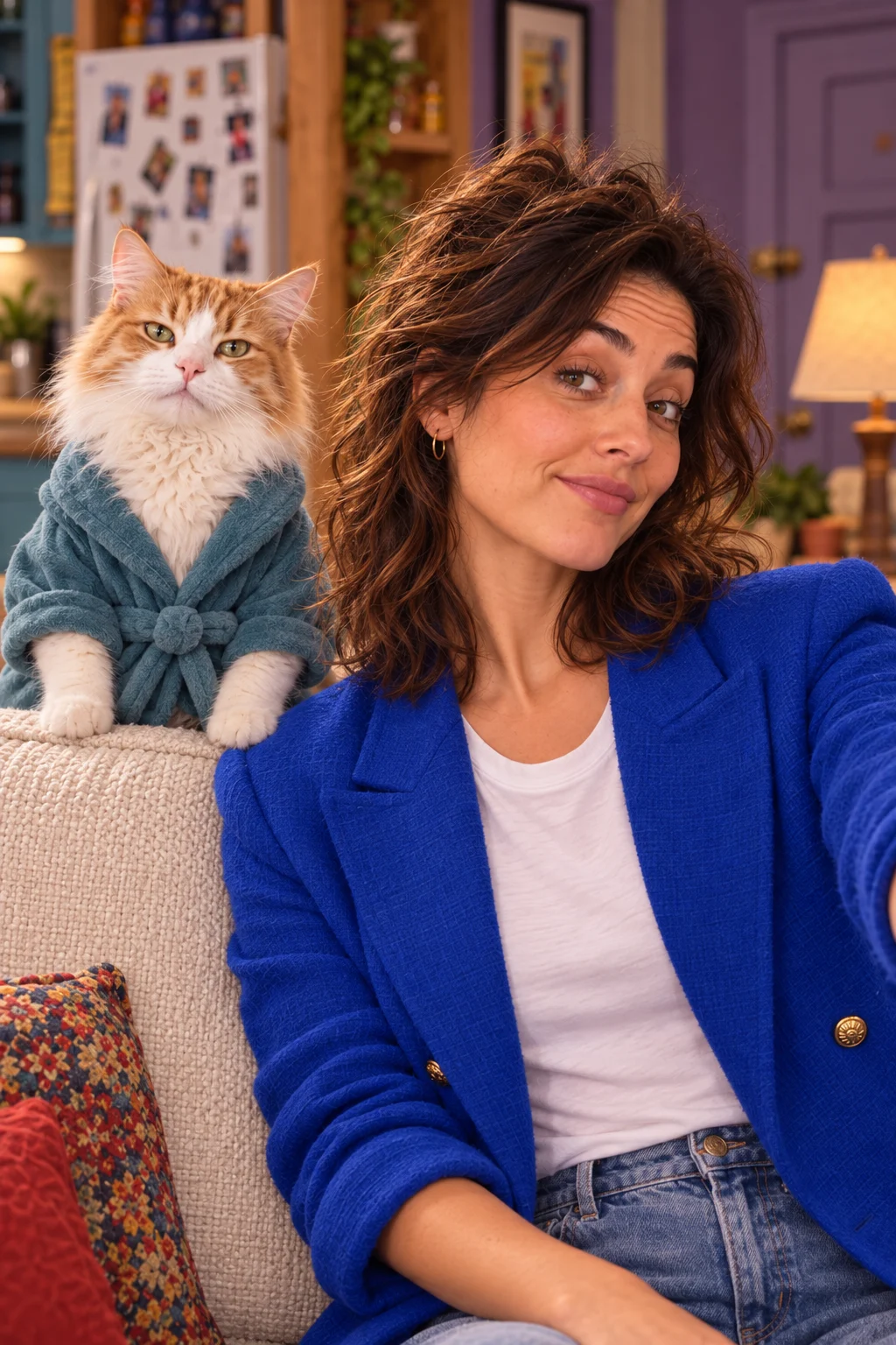 The same person from the candid photo, now styled as a warm, flatly-lit multicam sitcom lead in a cozy apartment living room.