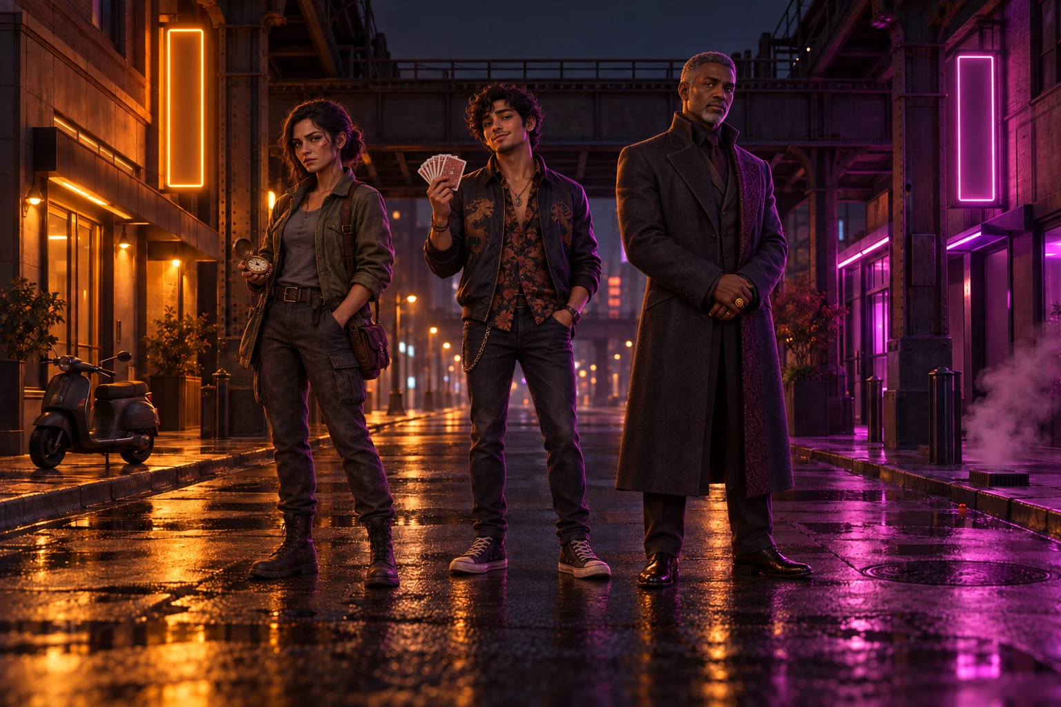 The transit overpass at night: Nadia, Ozzy and Councilor Vane under amber and plum neon