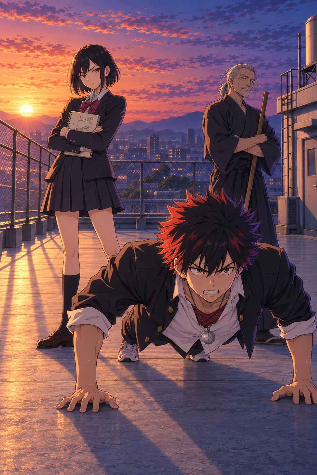Episode 02 plan: Yui watching Haruto struggle with a training exercise on the rooftop, arms crossed
