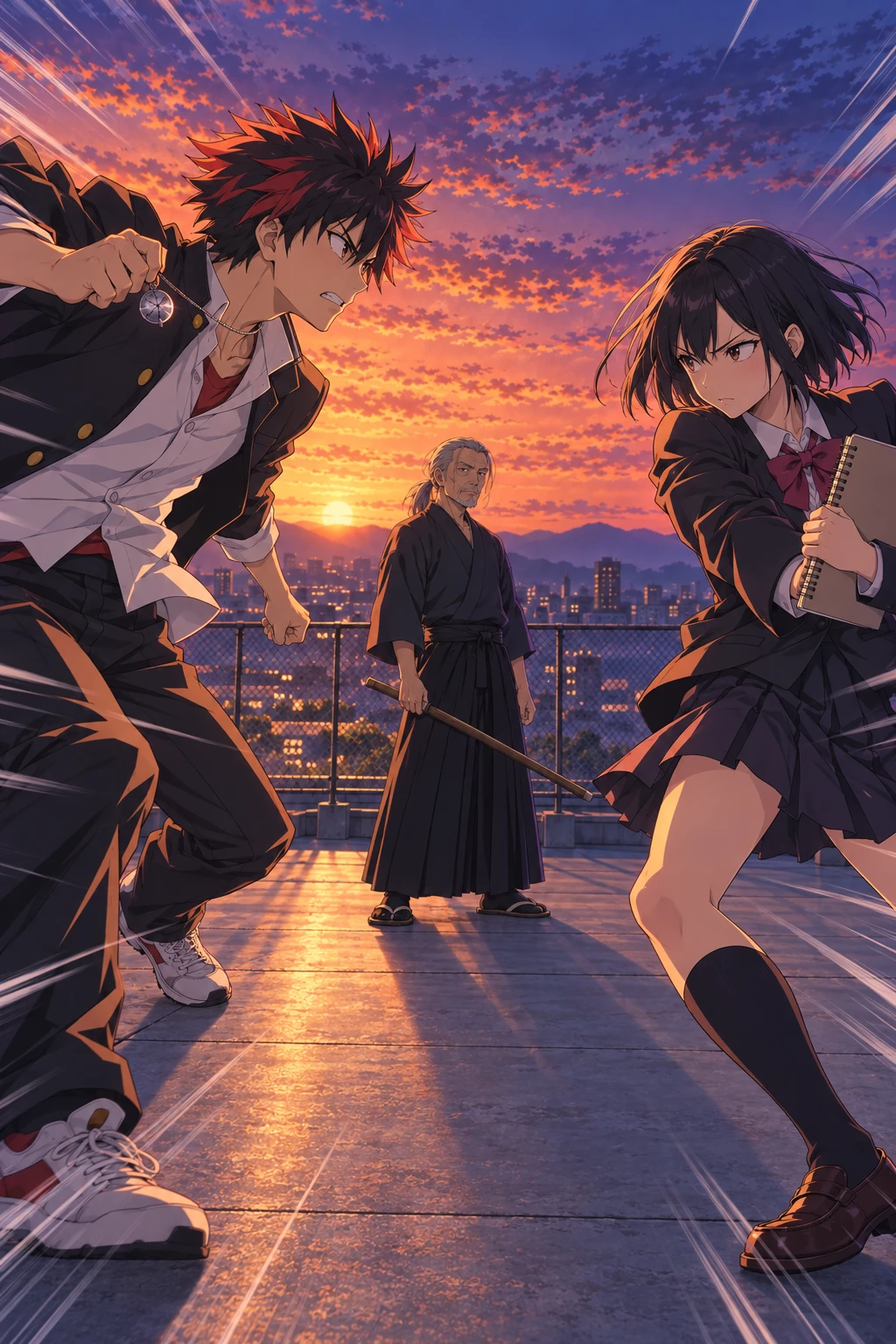 An anime Episode still — the cast mid-arc in the cel Look the anime World draws them in.