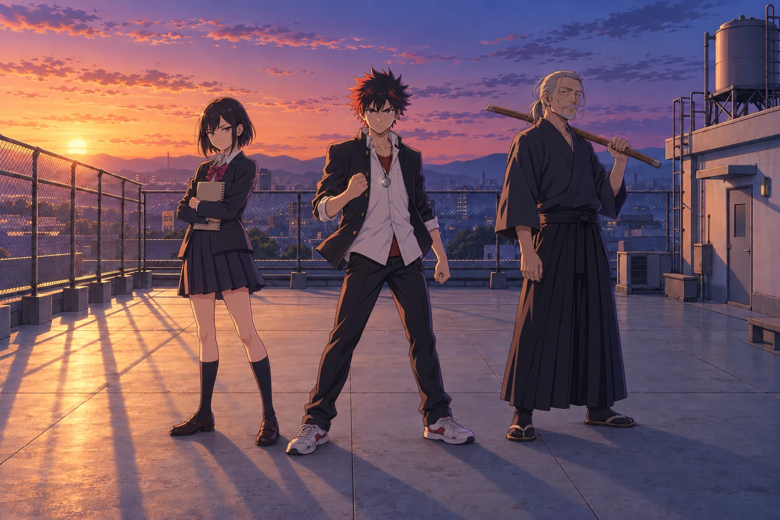 The rooftop at dusk: Yui, Haruto and Master Kaito standing in setting-sun light with the city below