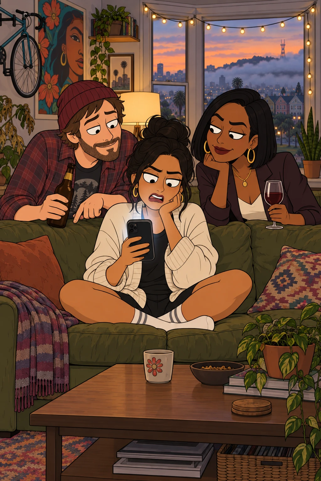 A cartoon Episode still in a flat adult-2D look.