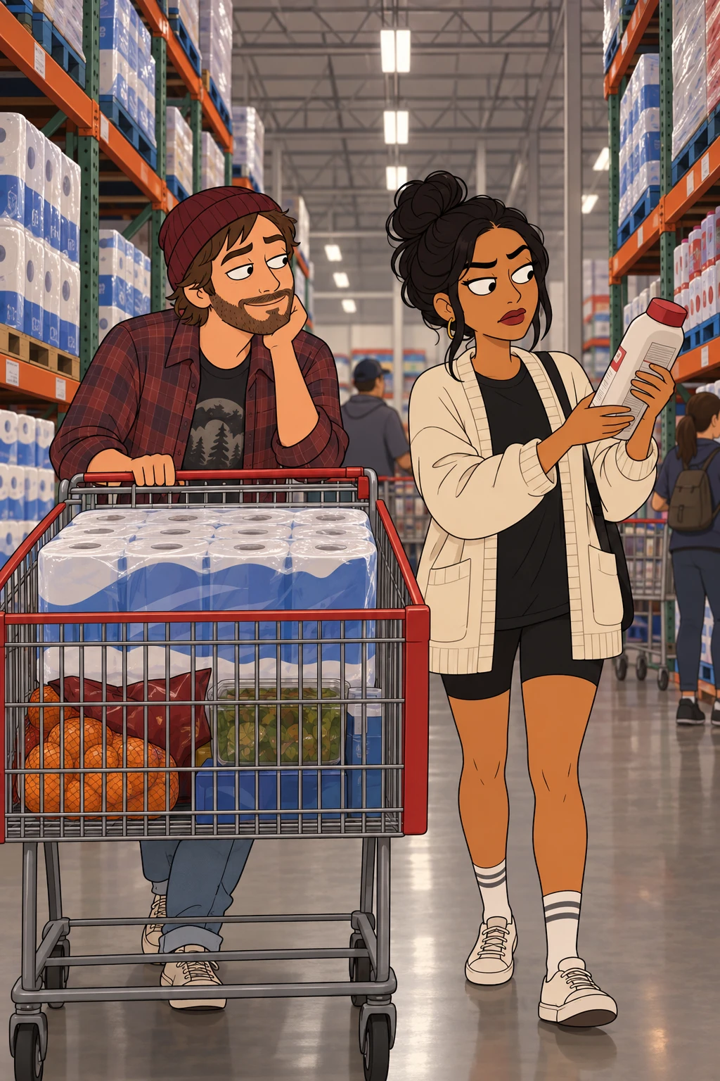 A cartoon Episode still — the ensemble mid-date in the flat Look the cartoon World keeps.