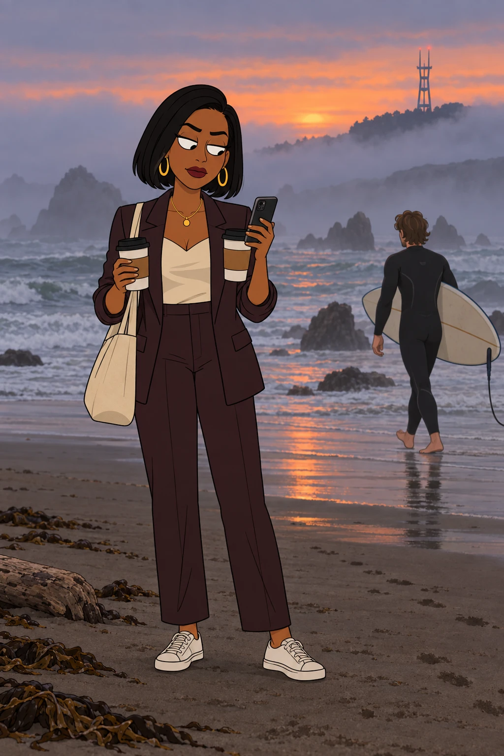 Episode 03 plan: Lena alone on foggy Ocean Beach holding two coffees, checking her phone