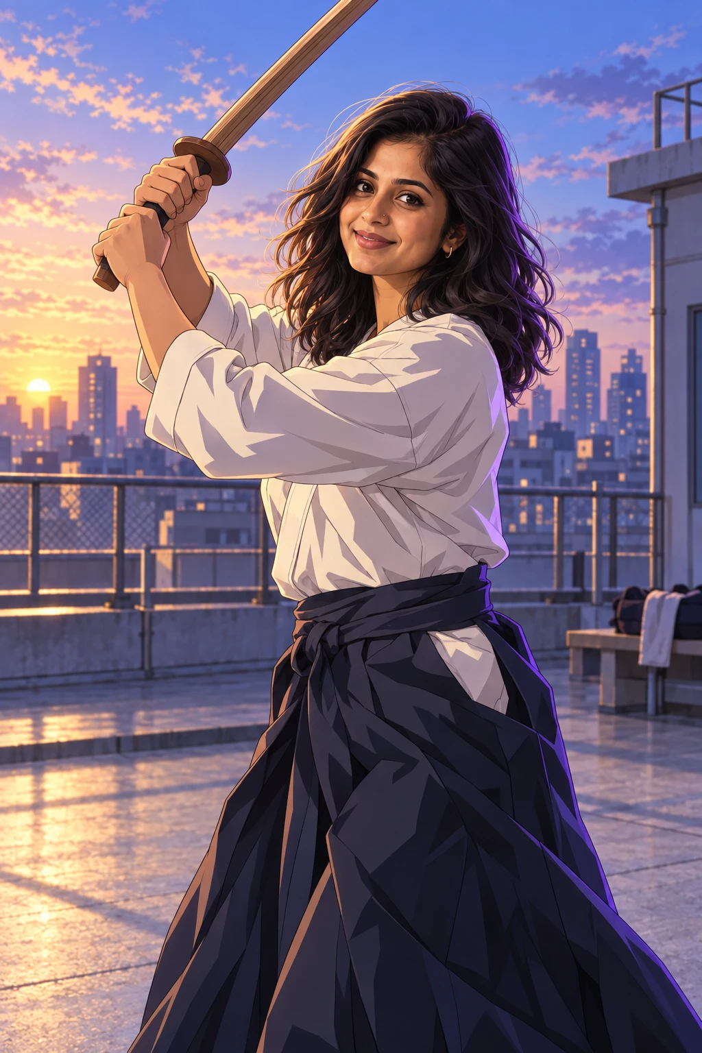 Episode 01 plan: Priya mid-training at dawn on a school rooftop, anime rules.