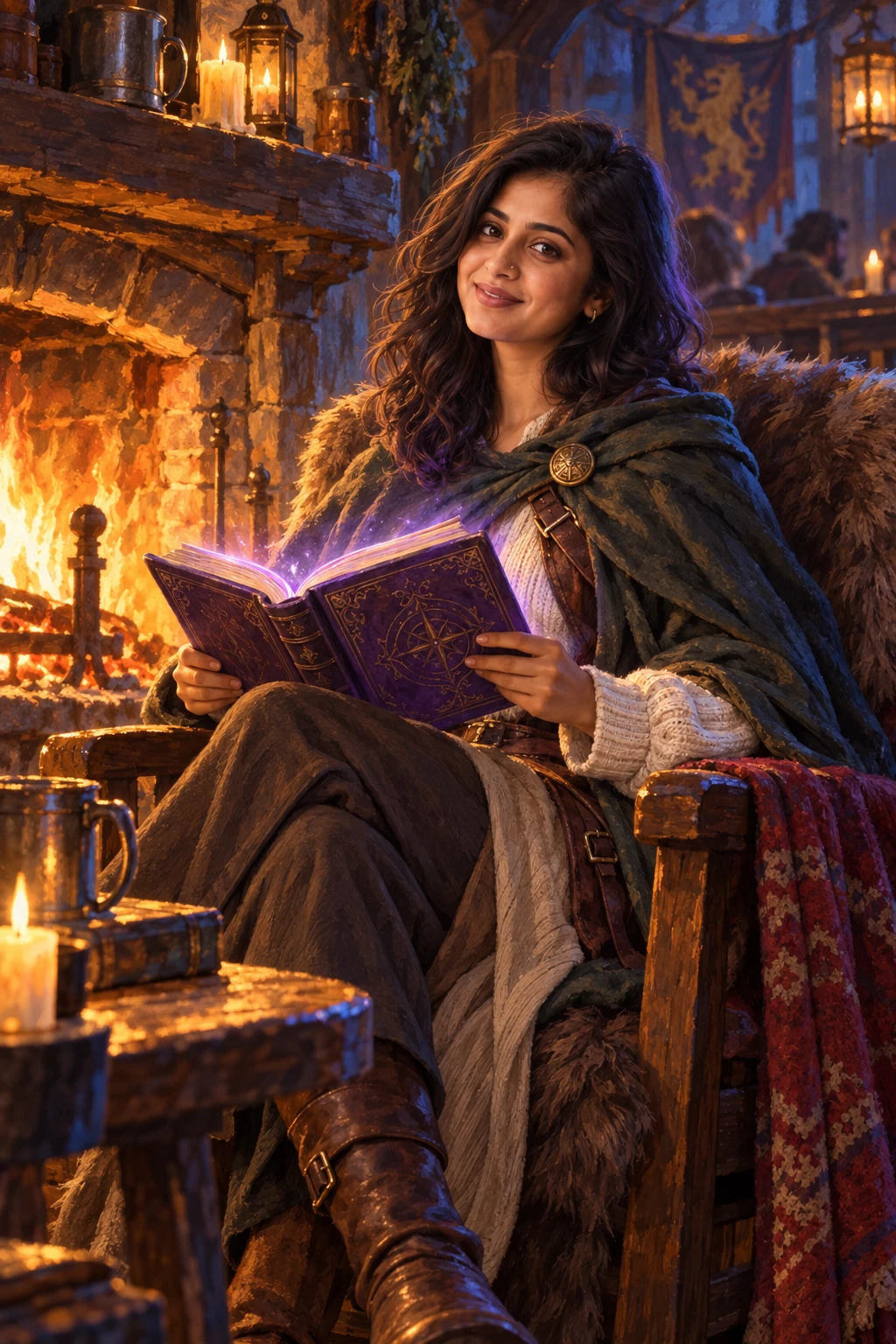 Episode 02 plan: Priya by the tavern hearth with a glowing tome, fantasy rules.