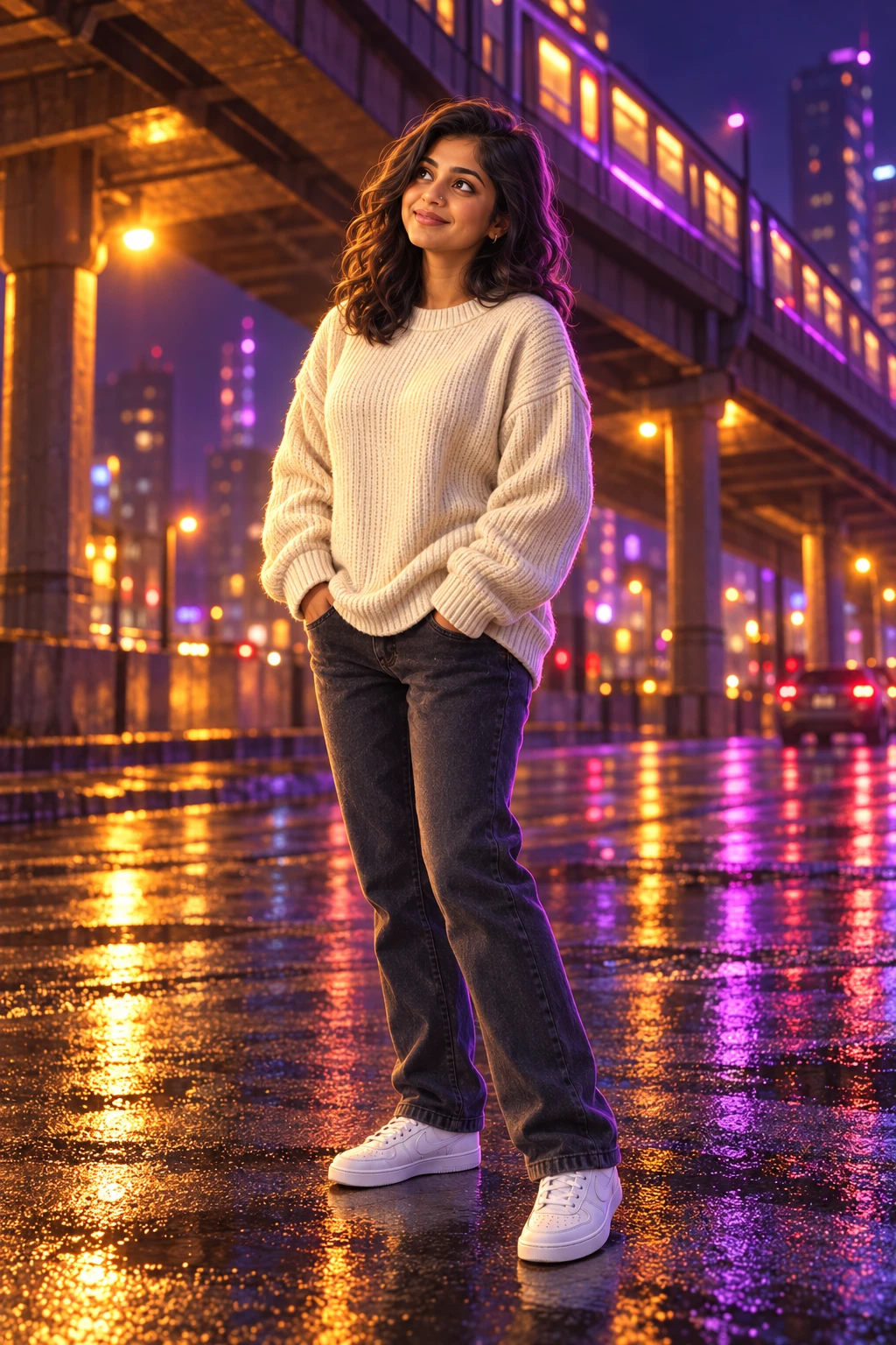 Episode 03 plan: Priya under the neon transit overpass at night, stylized 3D.