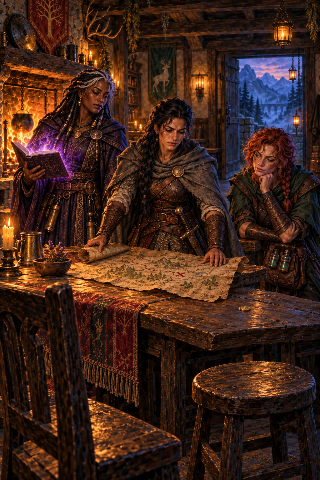 Episode 02 plan: Sable unrolling a weathered map by hearthlight on a tavern table, an empty stool visible where a vanished seller sat