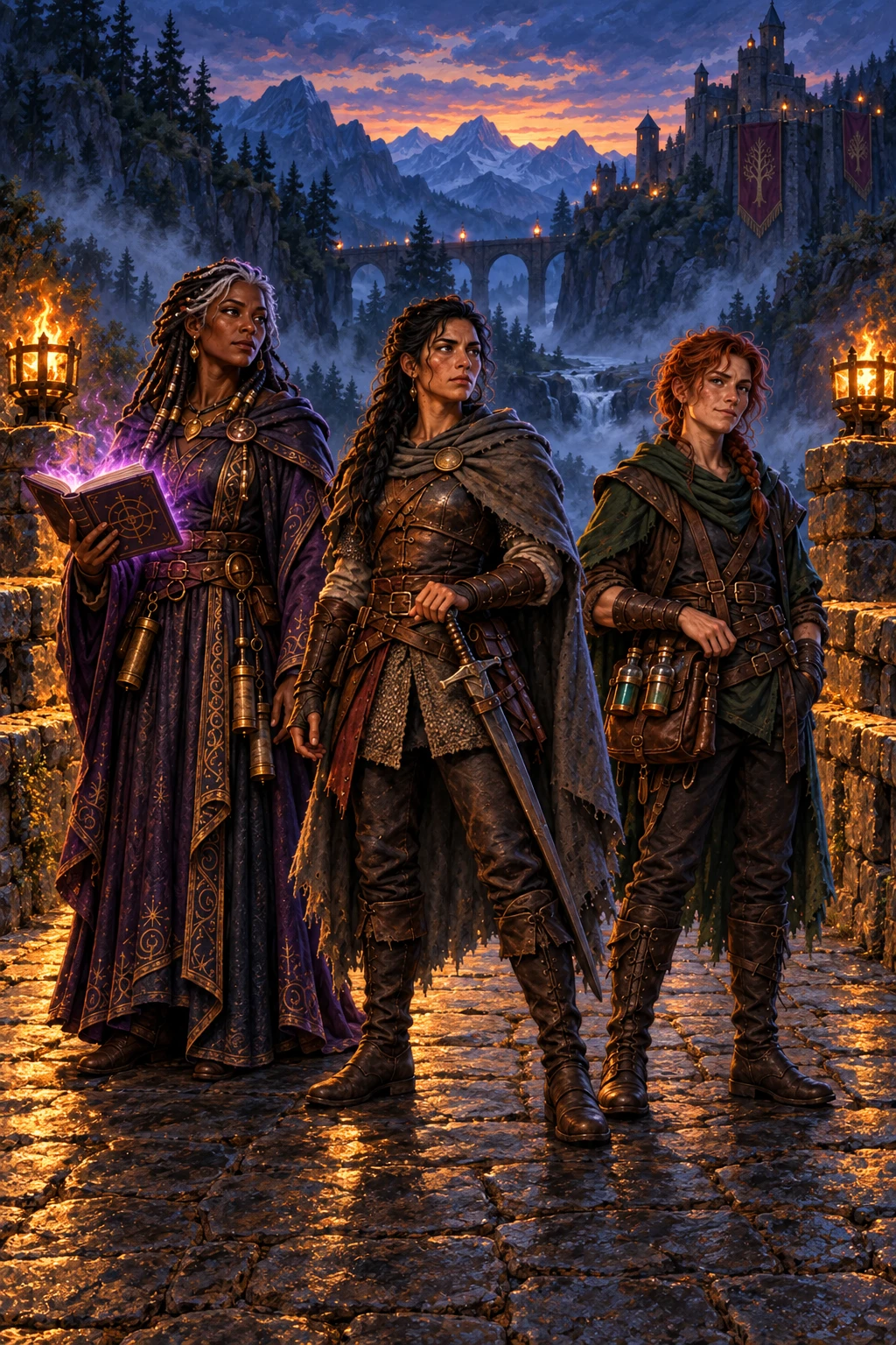 Episode 03 plan: The three companions at a torchlit stone bridge at dusk over a misty gorge, Fen's hand resting protectively on the satchel