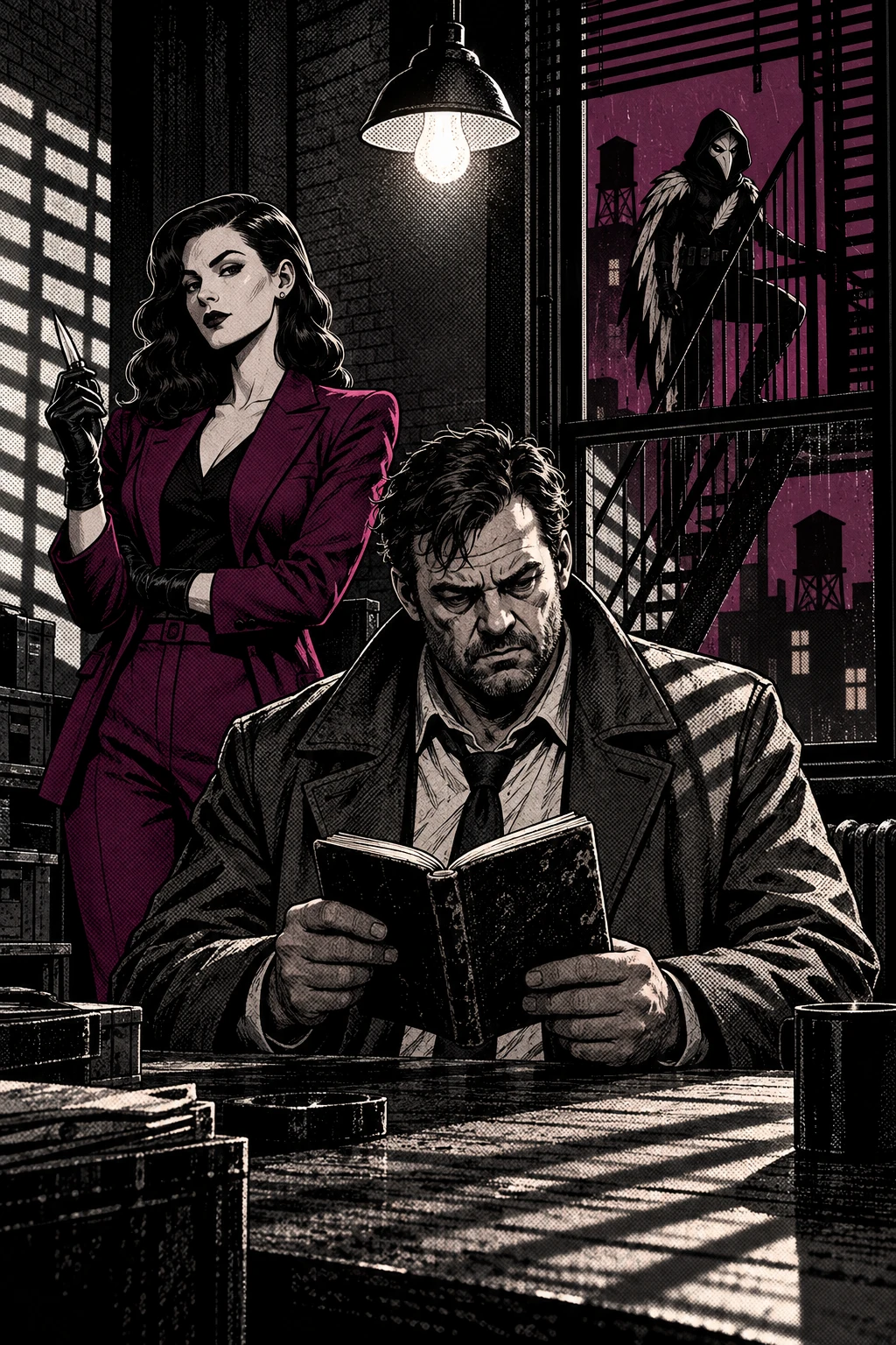 A graphic-novel episode still — the inked cast mid-scene, the same pipeline in a comic look.