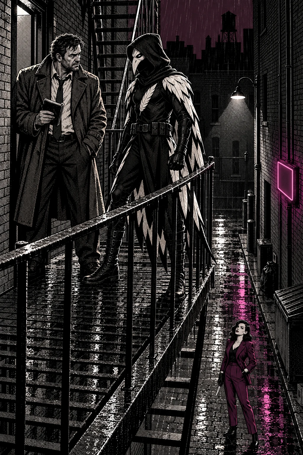 A graphic-novel Scene with a held composition — direction that specified the camera.
