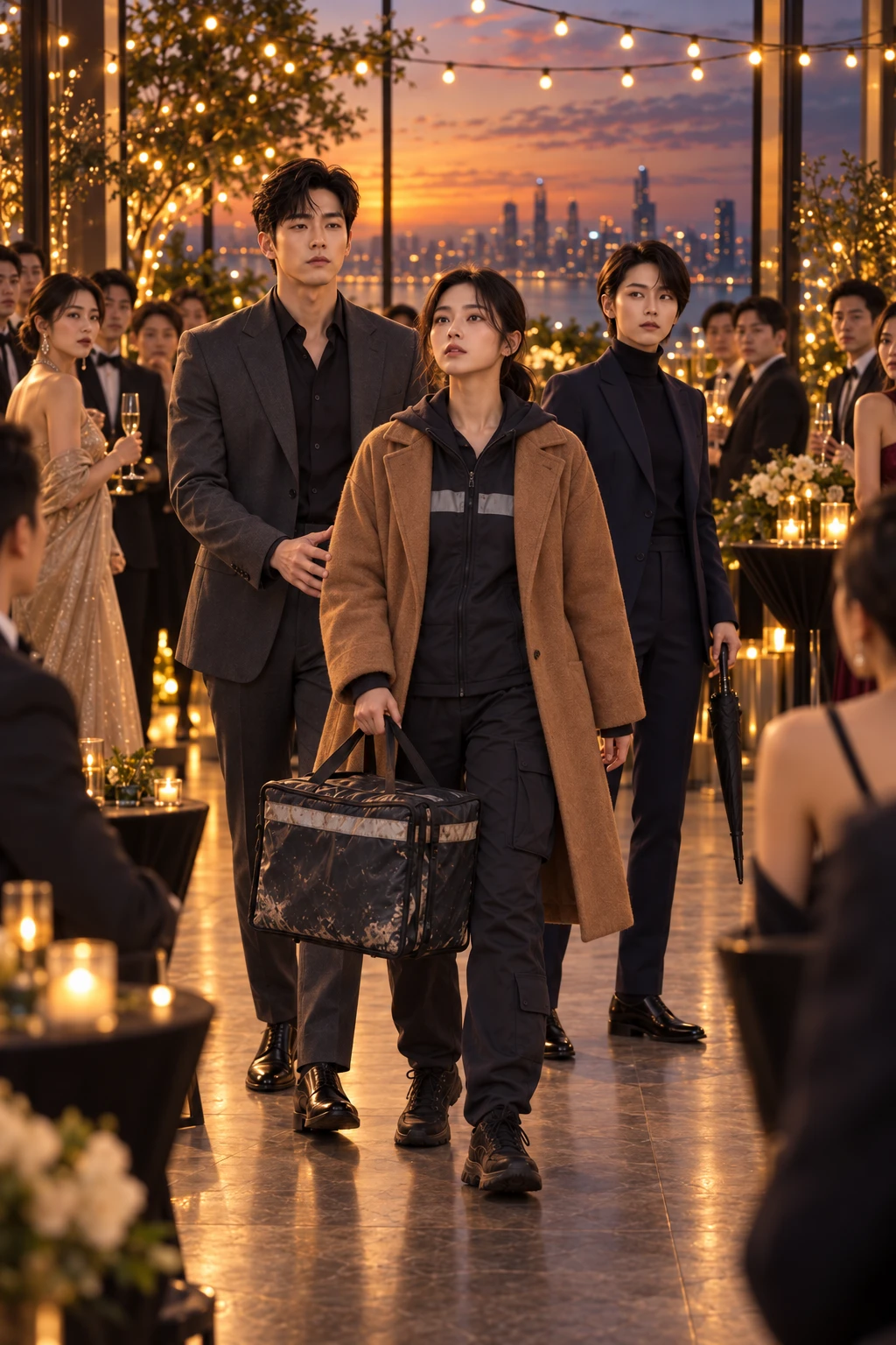 Episode 03 plan: Under a canopy of string lights on the terrace, Mei Lin frozen mid-step in a simple dress