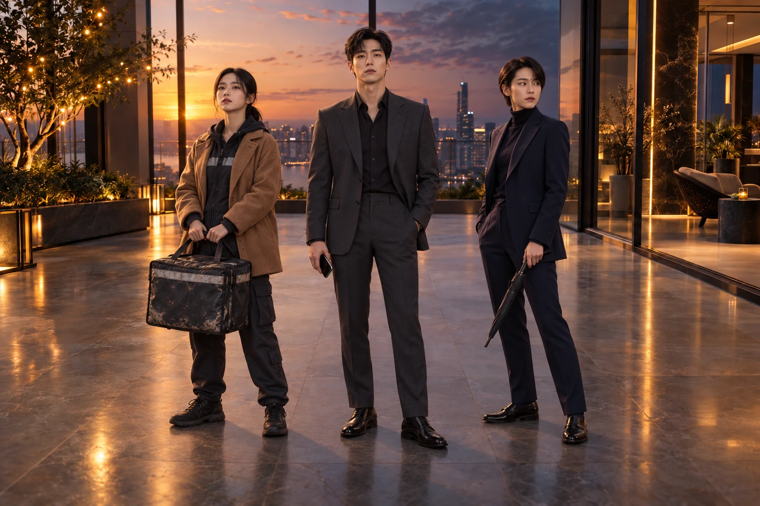 The Glass Tower Terrace at dusk: Jun-ho, Mei Lin and Sora standing in gold-and-plum light on a penthouse terrace
